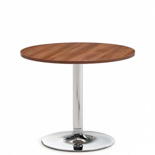 Circular wooden coffee table with chrome base