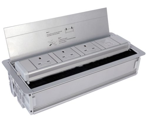 Retractable desk power module in silver