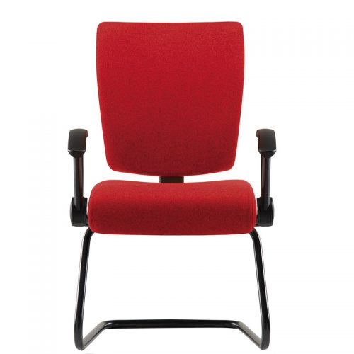 Red padded office chair with black base and arms