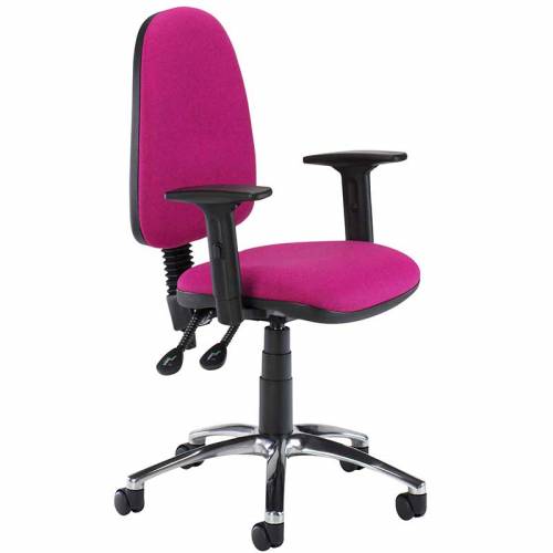 Pink desk chair with black arms and swivel base