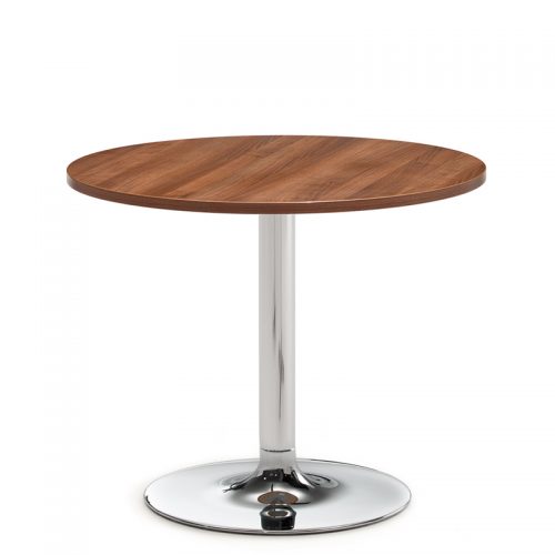 Circular coffee table with wooden top and chrome base