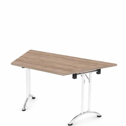 Folding trapezoidal table with wooden top and chrome base