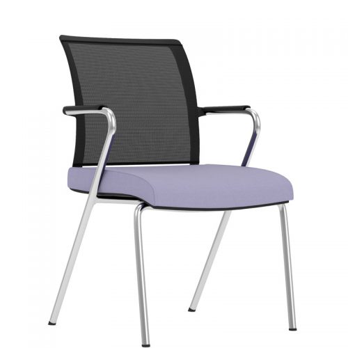 Office chair with lilac seat, black mesh back and chrome arms and legs
