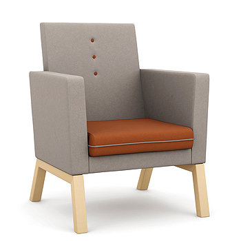 High backed armchair with orange seat and grey back and sides