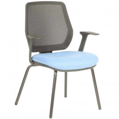 Meeting chair with pale blue seat, grey mesh back and four legs