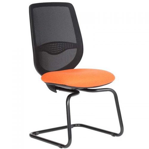 Meeting chair with orange seat and black mesh back