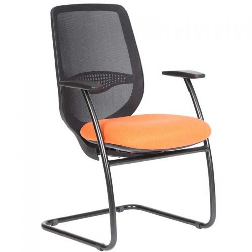 Meeting chair with orange seat and black mesh back