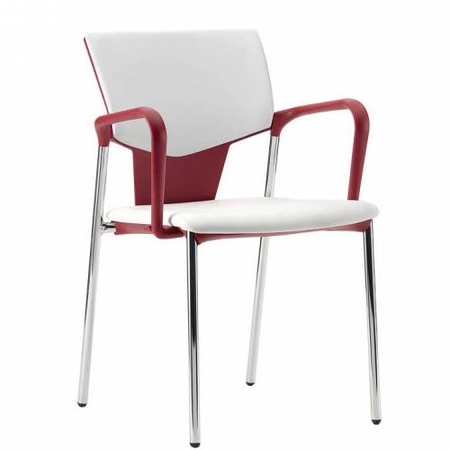 Office chair with white seat, red arms and chrome legs