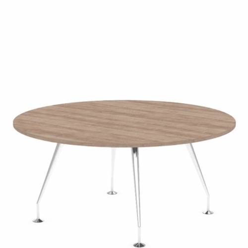 Circular meeting table wth wooden top and four chrome legs