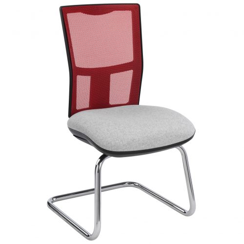 Office chair with grey seat, red mesh back and cantilever base
