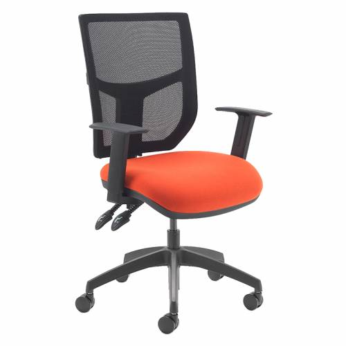 Swivel chair with orange seat and black mesh back