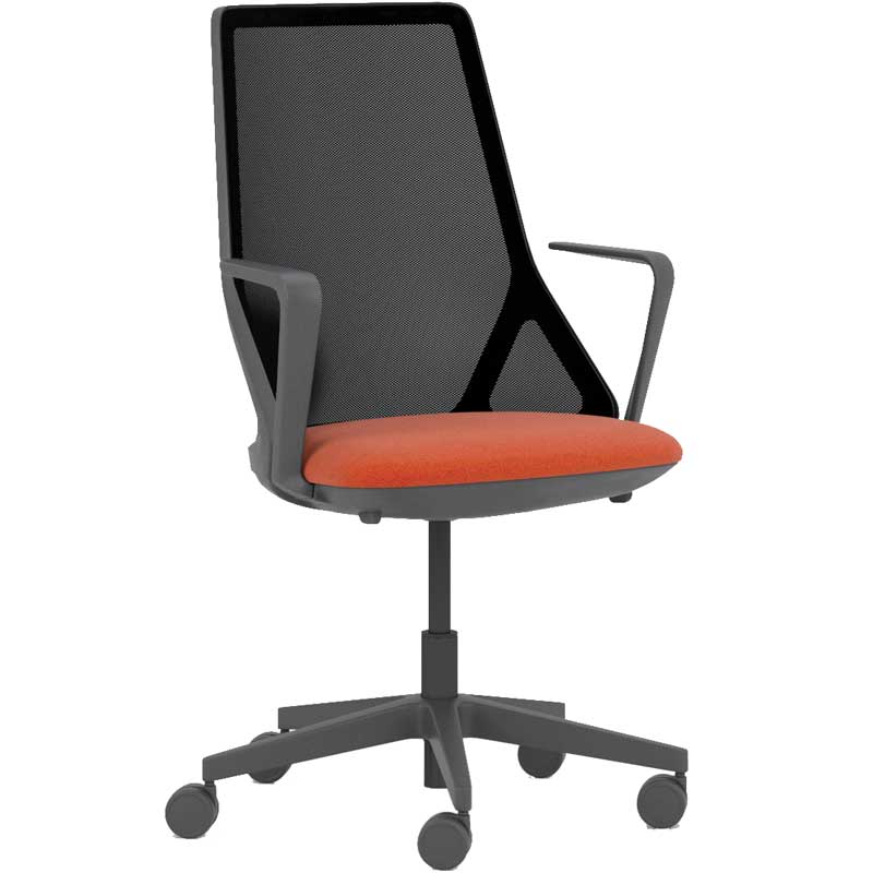 Cicero swivel chair with orange seat, high black mesh back and black arms