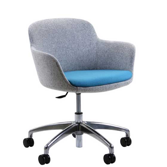 Blue and grey padded office chair wth chrome base and black castors