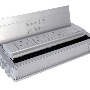 Retractable desk power module in silver