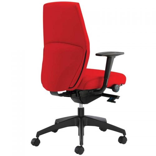 Desk chair with red seat and high back, black arms and black base