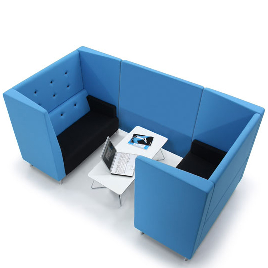 Black and blue booth seating with white table
