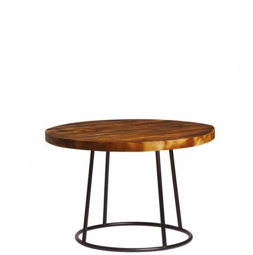 Rustic round coffee table with dark wooden top and black legs