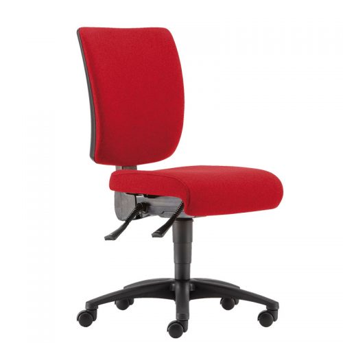 Red padded office chair with black base