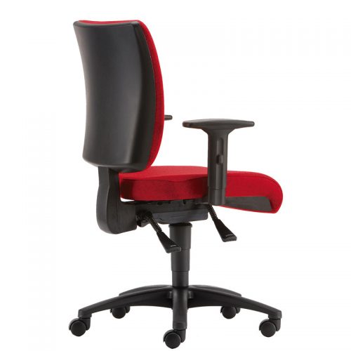 Red padded office chair with black base