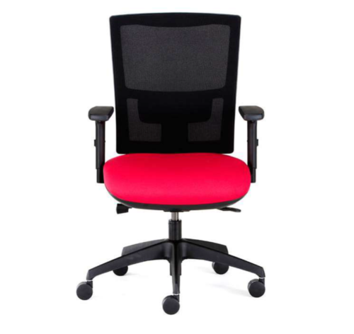 Moulton chair with black mesh back and red seat