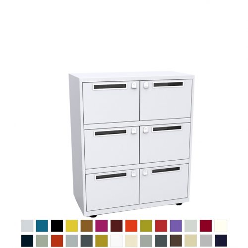 White storage unit with 6 doors, each with a postal slot