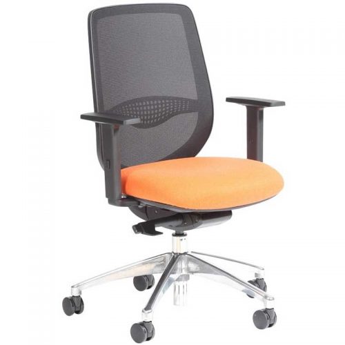 Desk chair with orange seat, black mesh back and chrome base