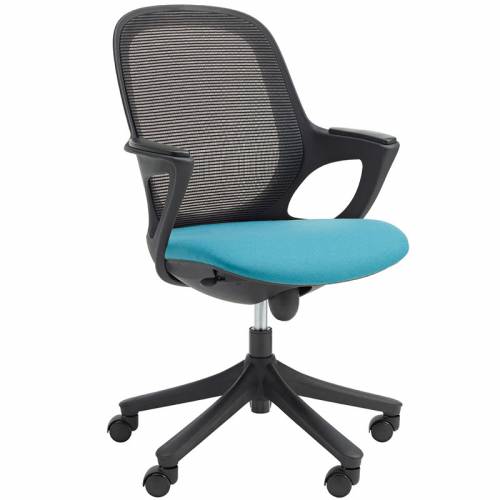 Swivel chair with turquoise seat and black mesh back