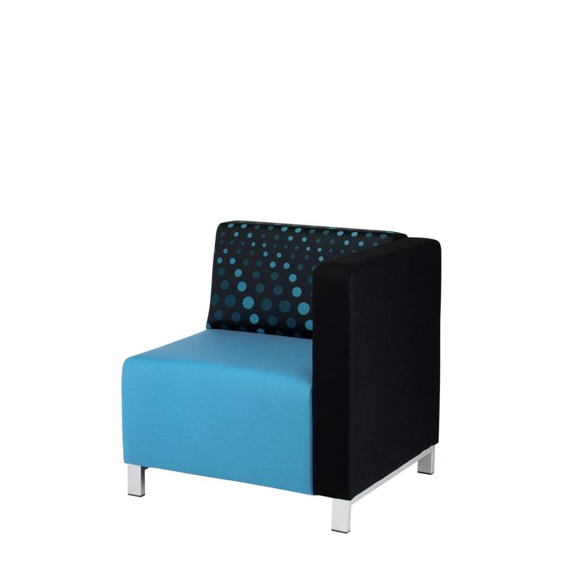 Corner module of sofa with blue seat and patterned back