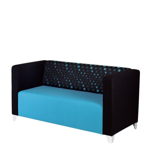 Sofa with blue seat, patterned back and black sides