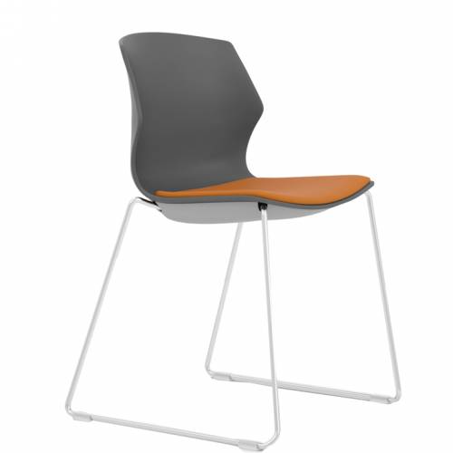Hardback chair with orange seat, grey back and chrome legs