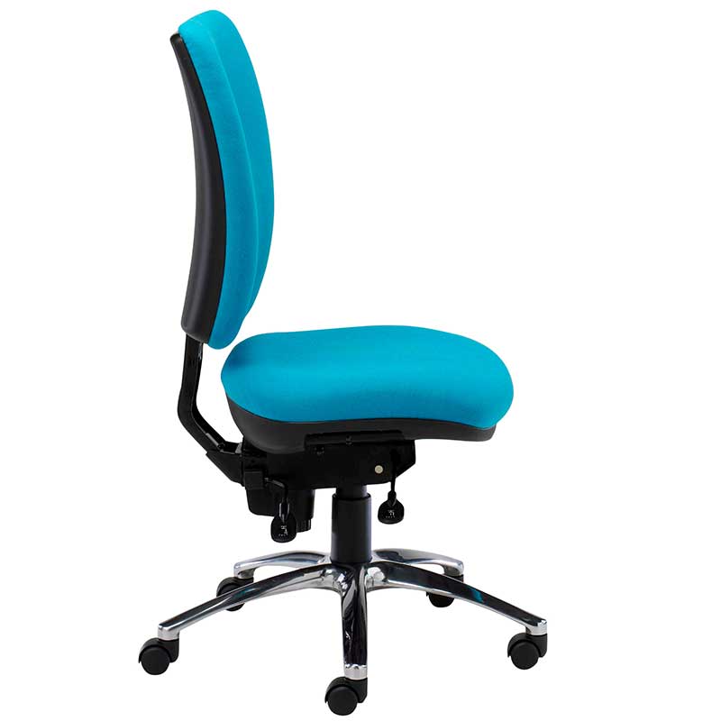 Light blue desk chair with chrome swivel base