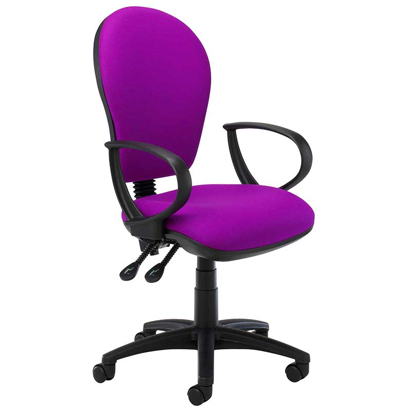Purple desk chair with black ring arms and swivel base