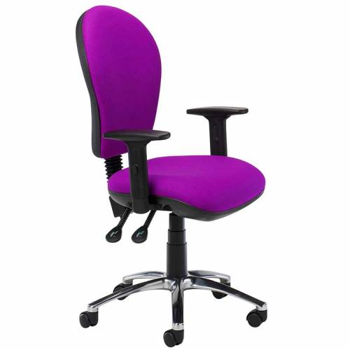 Purple desk chair with black arms and swivel base