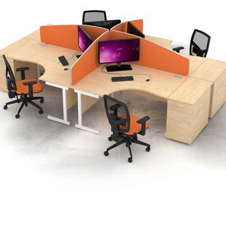 Satellite desk with orange dividers and chairs
