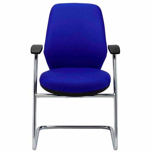 Blue meeting chair with fixed arms and chrome cantilever base