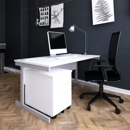 White solo desk with pedestal