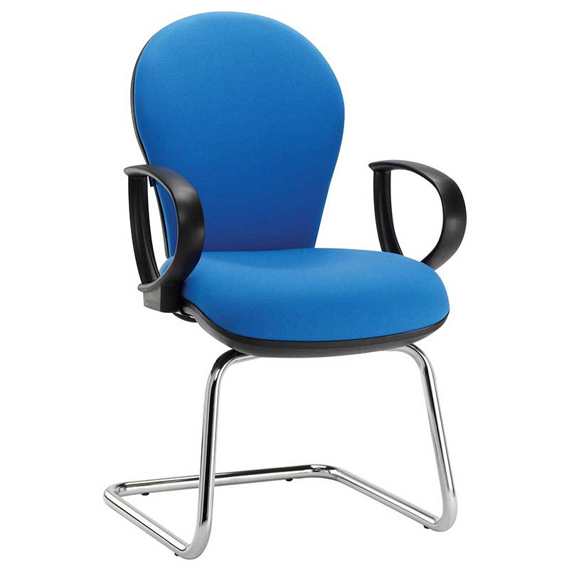 Blue meeting chair with ring arms and chrome cantilever base