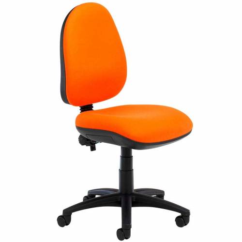 Orange desk chair with black swivel base