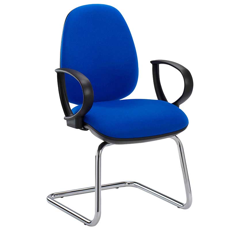 Blue meeting chair with black ring arms and chrome cantilever base