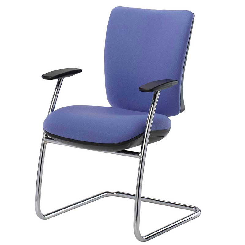 Blue chair with fixed arms and chrome cantilever base