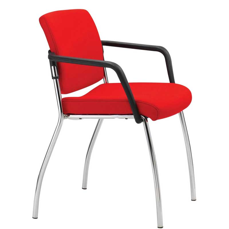 Bright red padded office chair with black arms and chrome legs