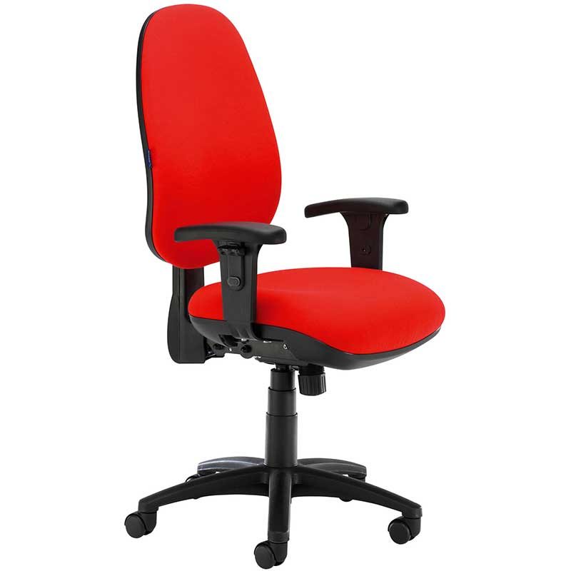 Red desk chair with black arms and swivel base