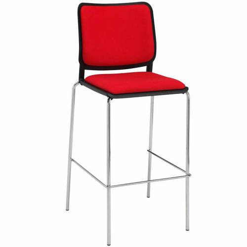 Red and black stool with backrest and chrome legs