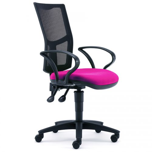 Desk chair with pink seat and black mesh back