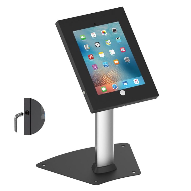 iPad desk mount with black base and silver leg