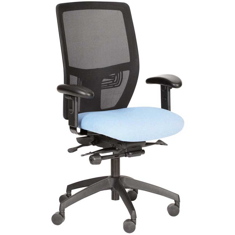 Desk chair with pale blue seat, black mesh back and black base