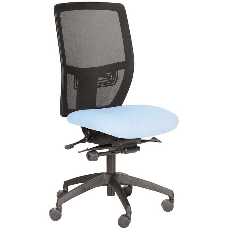 Desk chair with pale blue seat, black mesh back and black base