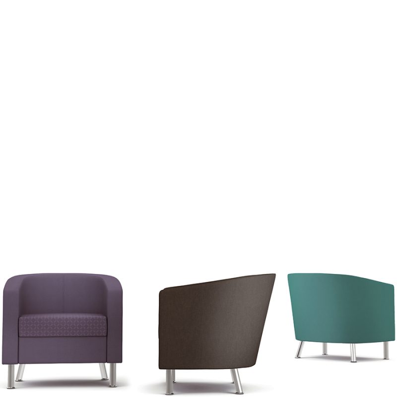 Three tub chairs - one purple, one brown, one blue
