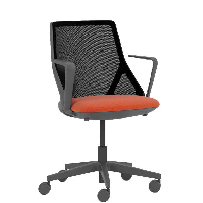 Cicero swivel chair with orange seat, black mesh back and black arms