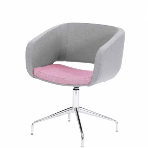 Swivel chair with pale pink cushioned seat and pale grey back and sides